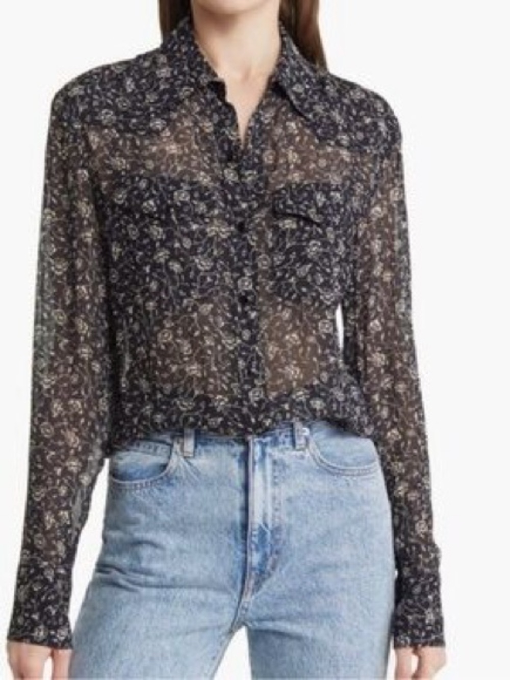 Rag & Bone Fareen Sheer Black Floral Button-Up Blouse - Size Small